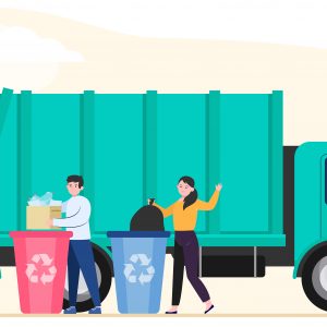 Cartoon people throwing out rubbish and trash into disposal containers flat vector illustration. Garbage truck standing on city road. Recycle service and industry concept